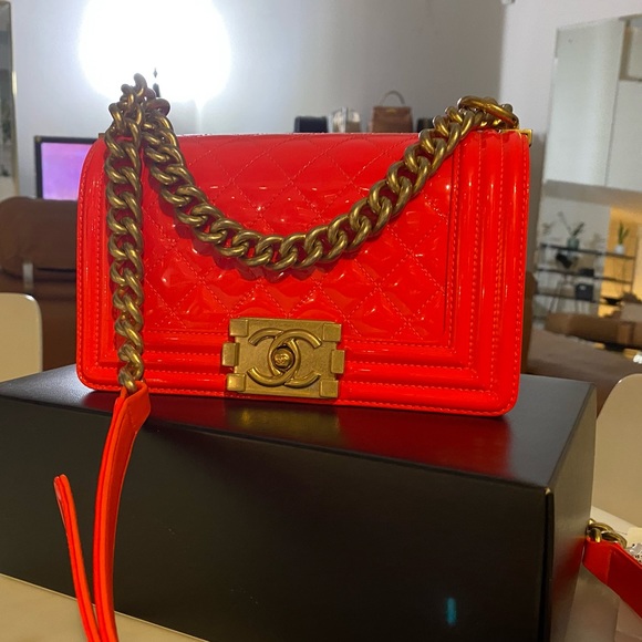 Authentic CHANEL Neon Patent Quilted Small Le Boy